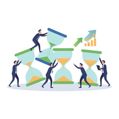 Business People Interacting With Giant Hourglasses And Progress Charts In A Flat Vector Style With Green And Blue Accents Promoting Time Management