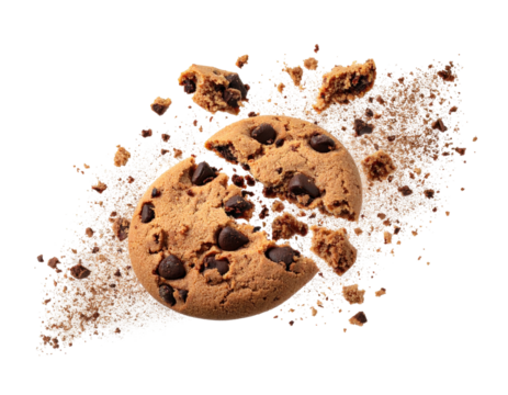 Close-up of a chocolate chip cookie broken into pieces on a speckled surface, isolated on black