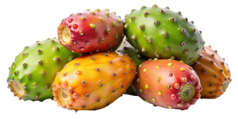 A vibrant pile of prickly pear cactus fruits in various colors including green yellow orange and red isolated on transparent background