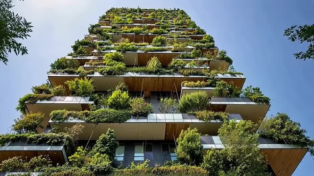Modern architectural wonder: Green skyscraper with nature infused urban design