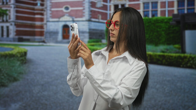 Woman holding smartphone and tapping screen while squinting with red glasses in front of building; confusion. - Powered by Adobe