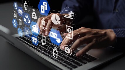Digital wallet icons show mobile payment, digital wallet transfer, and online banking. Digital wallet supports secure payment, cashless transactions, and financial integration. Funnel