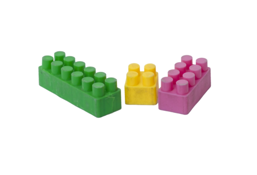 Three Colorful Plastic Construction Blocks on Transparent Background