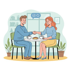 Business Meeting Handshake Between Two People Sitting At A Table With Coffee And Snacks Wearing Formal Outfits And Casual Attire In A Bright Room With Plants