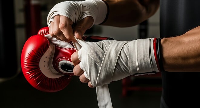 Boxer Hand Wrapping in Gym with Red Focus Mitts and White Tape for Training