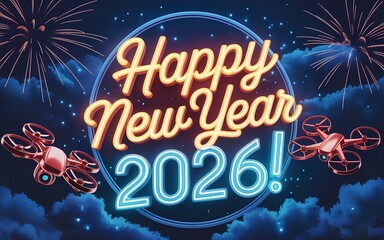 Futuristic neon Happy New Year 2026! glowing in 3D cursive with fireworks and metallic red drones against a dark blue sky dynamic celebration of light, technology, and festivity.