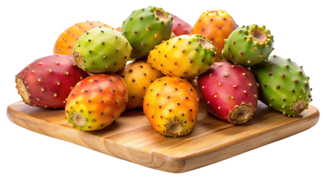 A vibrant assortment of ripe prickly pear cactus fruits in various colors and sizes displayed on a wooden board isolated on transparent background