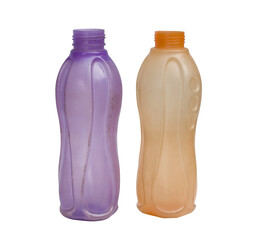 Pair of Reusable Plastic Water Bottles, Purple and Orange, on Transparent Background