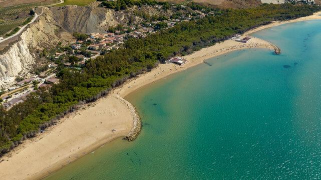 Aerial view of Eraclea Minoa beach, located in province of Agrigento, Sicily, Italy. It's a beautiful sunny day. The Mediterranean sea in foreground.