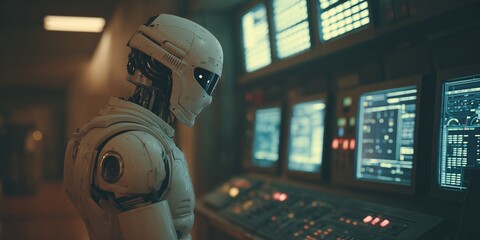 Sleek humanoid robot in helmet stands profile before wall of glowing data screens in dim control room. Ominous AGI surveillance, dystopian AI overlord watch vibe.