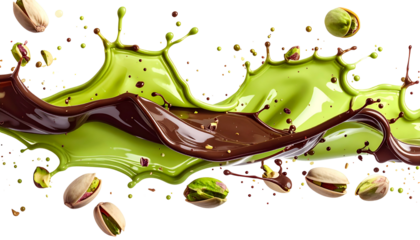 Pistachio-green and chocolate-brown liquid splashes with pistachios in motion