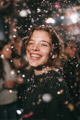 Girl winks laughing amid falling confetti under colorful party spotlights bokeh. Euphoric New Year celebration, wild midnight dance ecstasy vibe.
