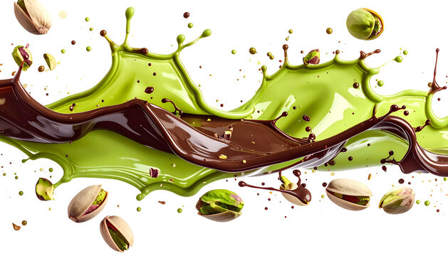 Pistachio-green and chocolate-brown liquid splashes with pistachios in motion