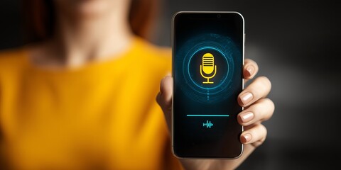 Woman holds a smartphone with a voice assistant icon displayed. Digital communication and AI interaction concept.