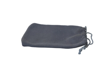 Gray Mesh Fabric Drawstring Pouch on Transparent Background