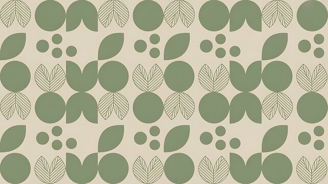 Charming geometric pattern with abstract leaves and circles in a soothing sage green palette, perfect for modern decor and branding.