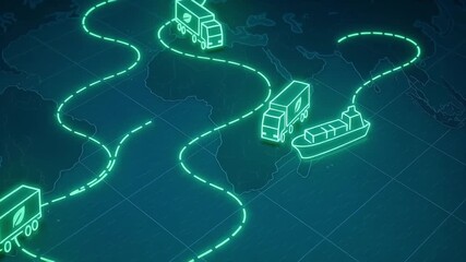 Neon green logistics route with trucks cargo ship tracing global supply chain shipment transport freight route and eco delivery network glowing path connecting sustainable transport freight movement