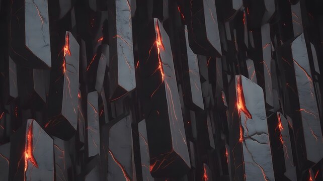 Dark obsidian columns glow with internal fiery orange lava cracks, creating a dramatic, powerful, and modern abstract background for impactful designs.