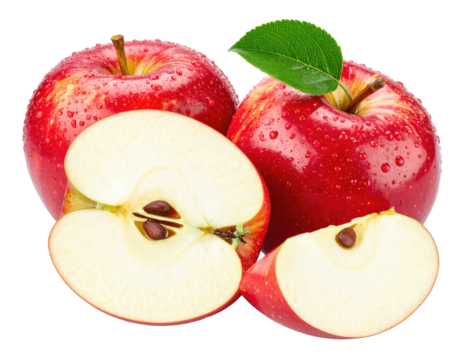 Close-up of ripe, red apples; one sliced open with visible seeds. Includes a green leaf