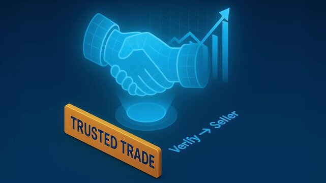 Trusted trade handshake hologram with holographic verification badge above rising graph showing secure seller partnership, glowing neon blue pathway to business growth and success through verified