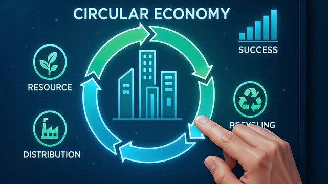 Circular economy infographic with urban building icon inside recycling loop and circular arrows around city skyline showing resource distribution recycling sustainability and hands interacting to