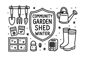 Community garden shed essentials for winter: tools, seeds, and gear in simple outline design