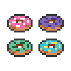 Donuts set pixel art. A set of 4 different colored pixel art donuts. Vector illustration. 