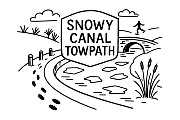 Snowy canal towpath with footprints and running silhouette in black white line art