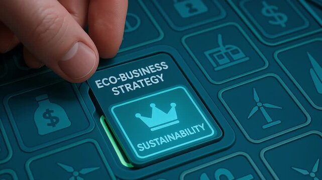 Eco business sustainability strategy button with crown held by hand on digital interface showing green technology renewable energy finance icons and corporate environmental planning - Powered by Adobe