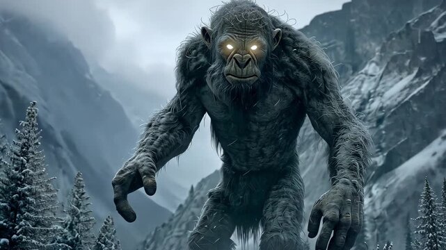 A giant troll wanders through a snowy mountain region under a dim twilight sky