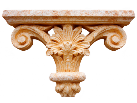 Decorative stone corbel with intricate scroll and leaf design, classical architectural element, isolated on transparency background, evokes elegance and historical charm