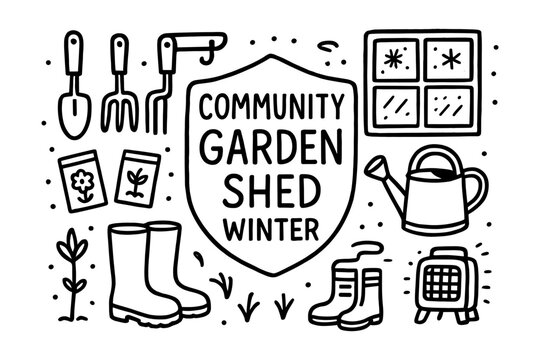 Winter community garden shed tools and essentials in doodle style - Powered by Adobe