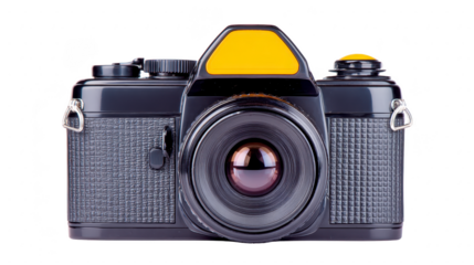 Black camera vintage camera retro camera film camera photography lens classic analog isolated equipment Classic black vintage camera with textured grip large lens and yellow accent isolated