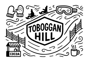 Naklejka premium Winter fun on toboggan hill: gliding, gear, and cocoa delights