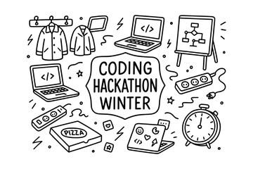 Winter coding hackathon doodle: tech and creativity in monochrome