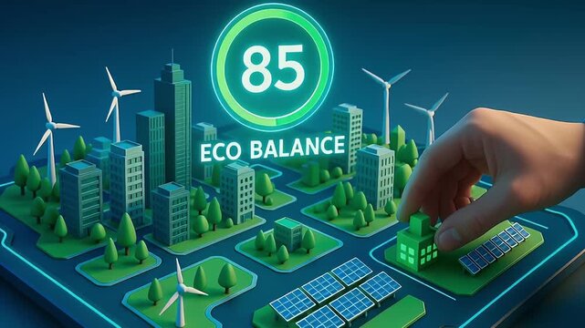 Eco balance score eighty five displayed above miniature sustainable city with solar panels wind turbine green building and tree lined blocks conveying renewable energy optimism Eco balance city