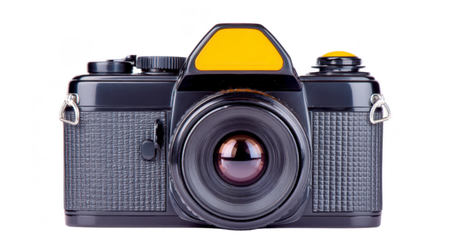 Black camera vintage camera retro camera film camera photography lens classic analog isolated equipment Classic black vintage camera with textured grip large lens and yellow accent isolated