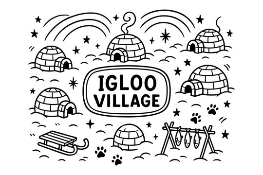Whimsical igloo village scene with snowy elements and cute details