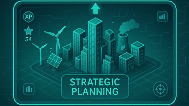 Strategic planning concept with city skyline and futuristic skyline featuring wind turbine solar panel and power plant growth arrow driving sustainable urban development innovation and energy progress - Powered by Adobe