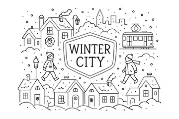 Fototapeta premium Charming winter scene of a city with cozy houses and snowfall in black and white linear art