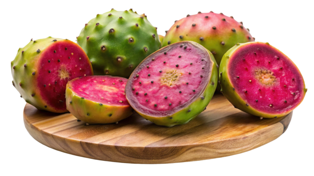 Vibrant opuntia prickly pear cactus fruits displayed on a wooden board isolated on transparent background