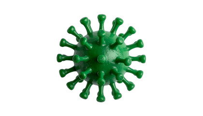 Close-up of a green spherical virus model with crown-like spikes, isolated on black