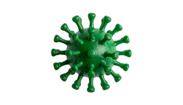 Close-up of a green spherical virus model with crown-like spikes, isolated on black