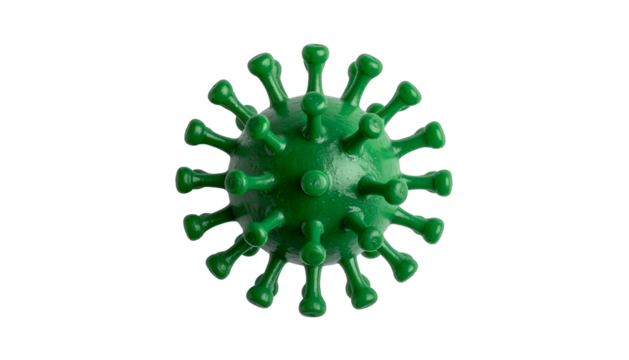 Close-up of a green spherical virus model with crown-like spikes, isolated on black