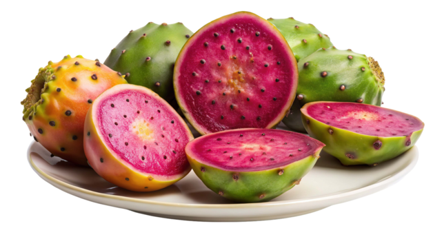 Vibrant prickly pear cactus fruits sliced open revealing juicy magenta flesh and seeds isolated on transparent background