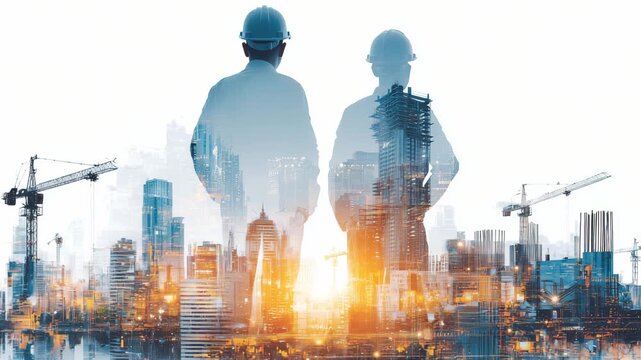 Construction professionals observe ongoing city development as the sunset casts an orange glow over the skyline and cranes