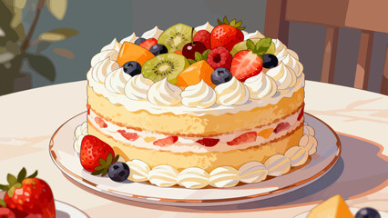 Delicious cream cake, cartoon hand-drawn vector illustrations