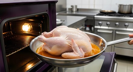 Raw whole chicken in a pan ready to be roasted in an oven.