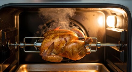 Golden brown rotisserie chicken cooking in a hot convection oven with steam rising.