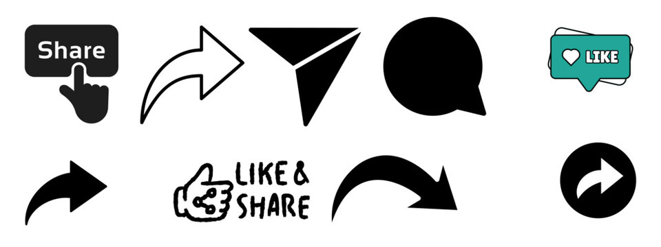 Social media like and share button icons, includes thumbs up, subscribe, notification, heart, comment, influencer, and community engagement elements for digital marketing graphics - Powered by Adobe